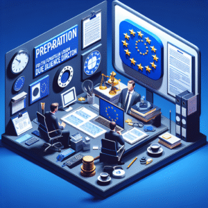 Ilustración de empresarios revisando documentos de sostenibilidad y cumplimiento normativo bajo la directiva europea de diligencia debida