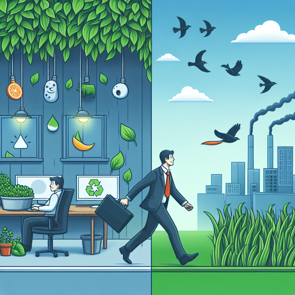 Ilustración de una empresa con prácticas sostenibles rodeada de iconos ecológicos, pero con un megáfono silenciado que simboliza la falta de comunicación.