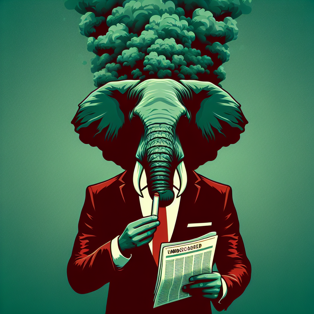 Montaje visual con titulares ecológicos superpuestos sobre fábricas contaminantes y gráficos financieros en rojo